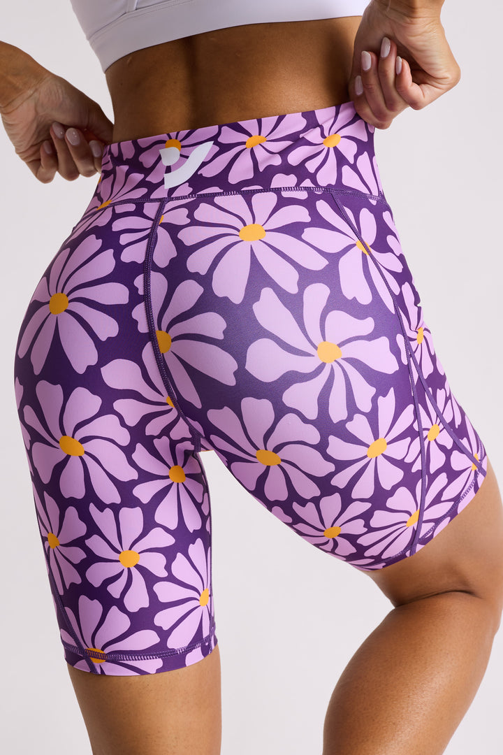 Purple Groovy Daisy Biker Shorts 8”